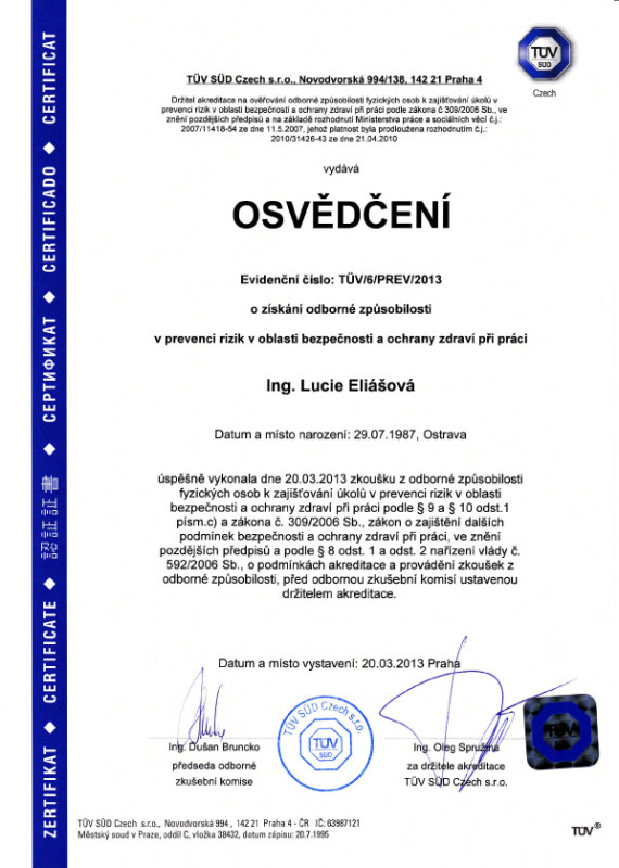 Osvědčení o získání odborné způsobilosti v prevenci rizik v oblasti bezpečnosti a ochrany zdraví při práci, dle zákona č. 309/2006 Sb.