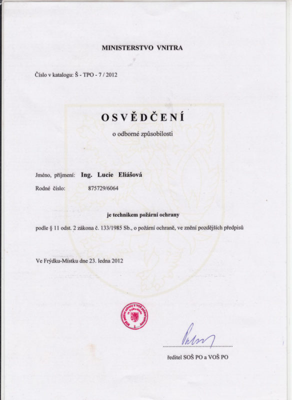 Osvědčení technik požární ochrany.