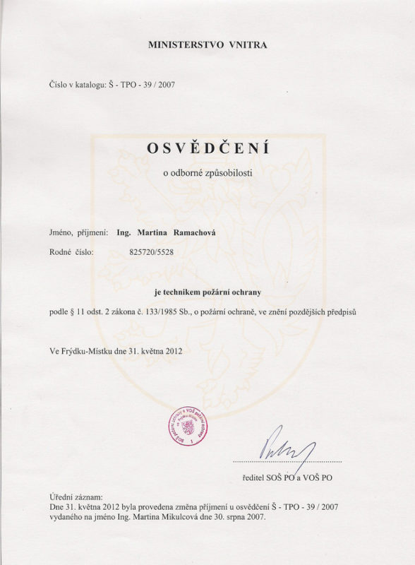 Osvědčení technik požární ochrany.