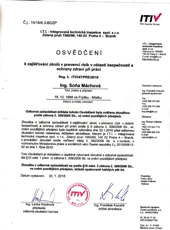 Osvědčení o získání odborné způsobilosti v prevenci rizik v oblasti bezpečnosti a ochrany zdraví při práci, dle zákona č. 309/2006 Sb.